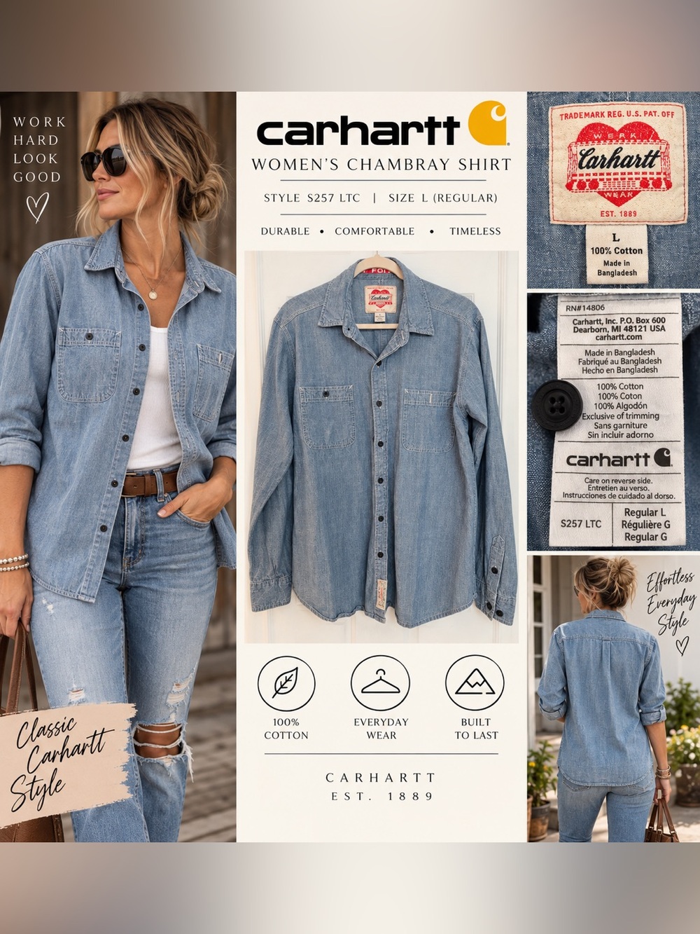Carhartt Women’s Chambray Button-Down Shirt Blue Size Large S257 LTC